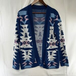 Cardigan Women Small Blue Southwestern Geometric Open Front Pockets RT5481